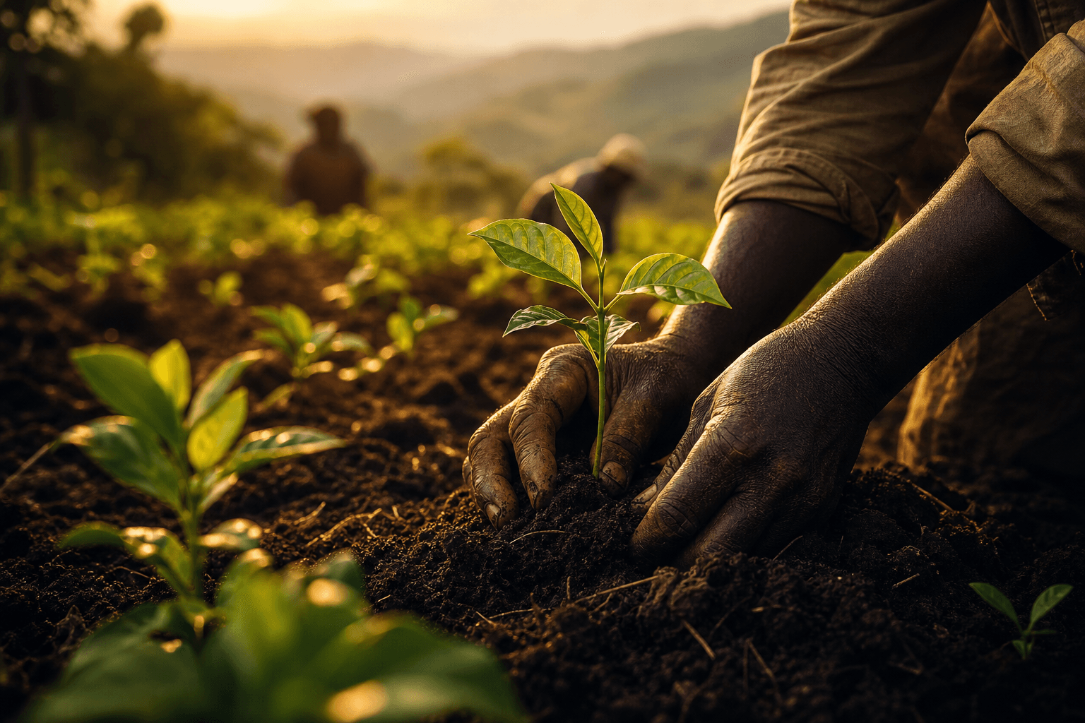 Hands planting coffee seedlings — growing hope in Uganda